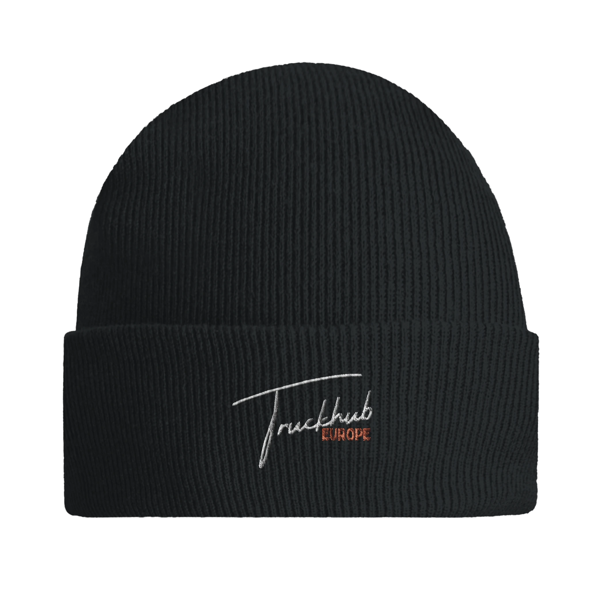 TruckHub Europe Beanie – schwarze Strickmütze mit gesticktem Logo, stylisches Accessoire für Trucker und Fans der europäischen Truck-Kultur