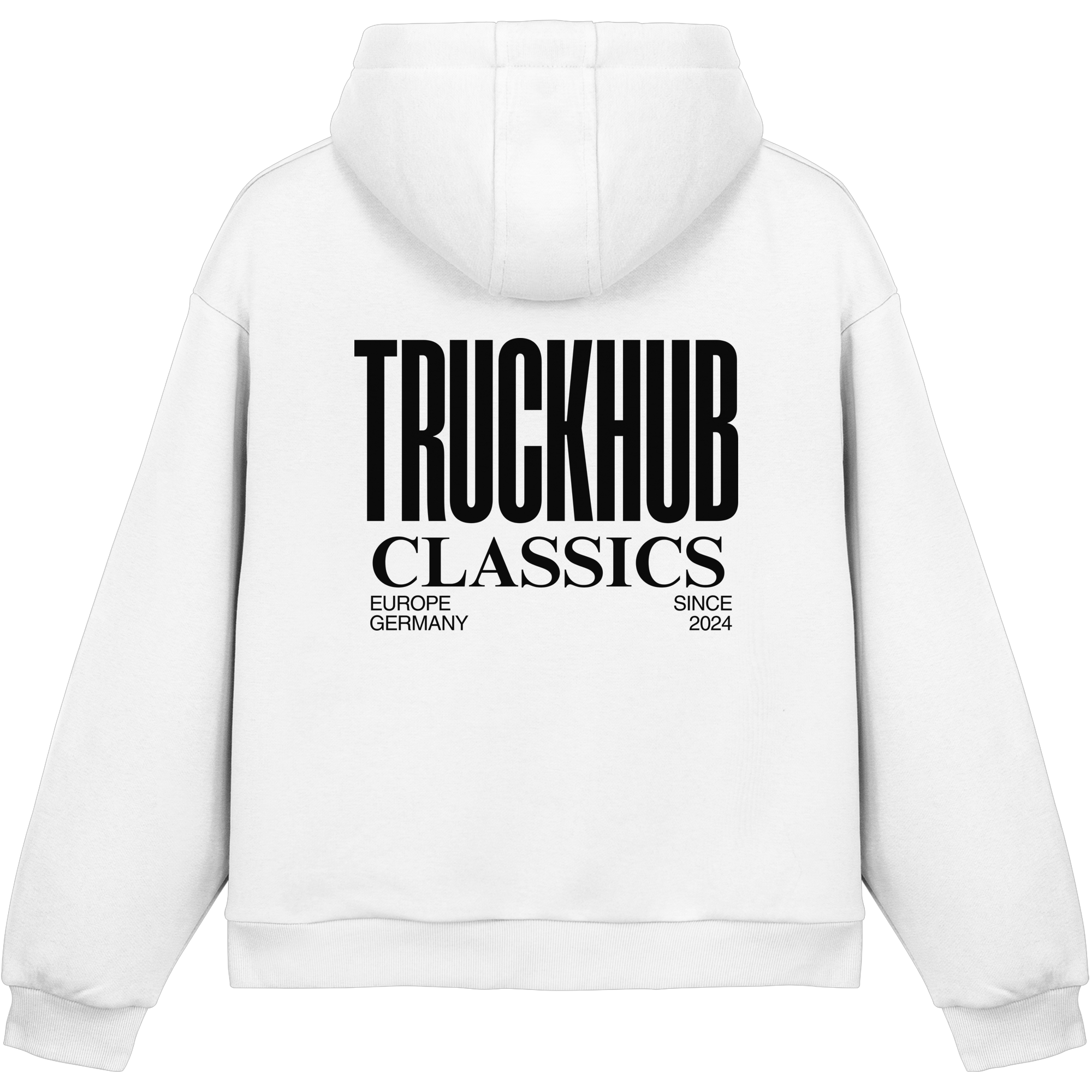 TruckHub Europe Classics Hoodie – weißer Kapuzenpullover mit schwarzem Logo-Backprint, Streetwear für Trucker und Fans der europäischen Truck-Kultur