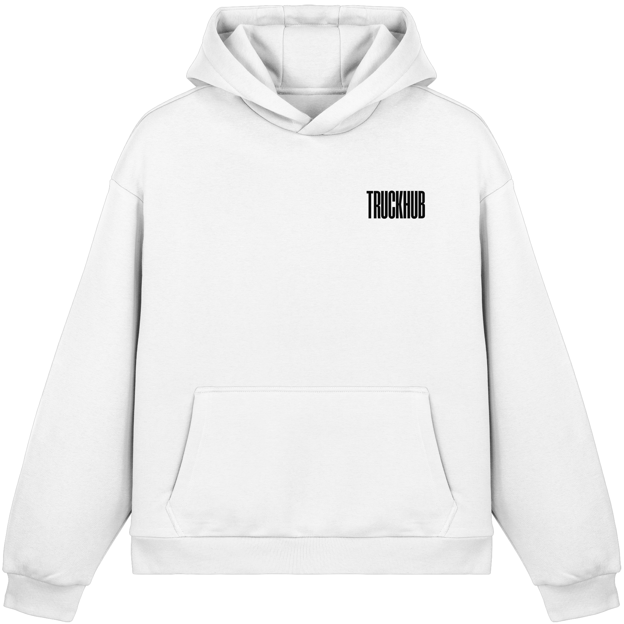 TruckHub Europe Classics Hoodie – weißer Kapuzenpullover mit schwarzem Logo-Backprint, Streetwear für Trucker und Fans der europäischen Truck-Kultur