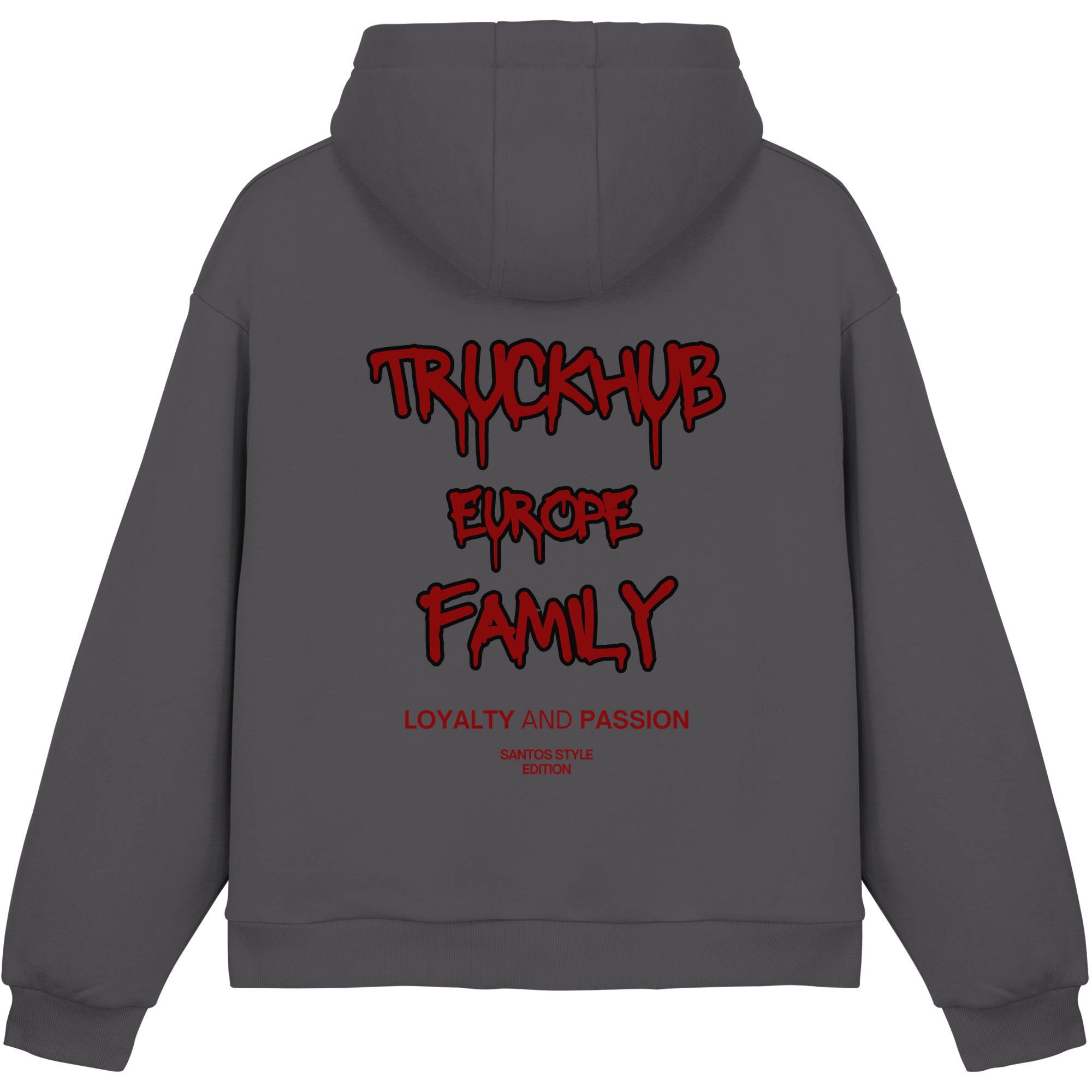 TruckHub Europe Family Hoodie – grauer Kapuzenpullover mit rotem Family-Backprint, Loyalty and Passion, Santos Style Edition, Streetwear für Trucker