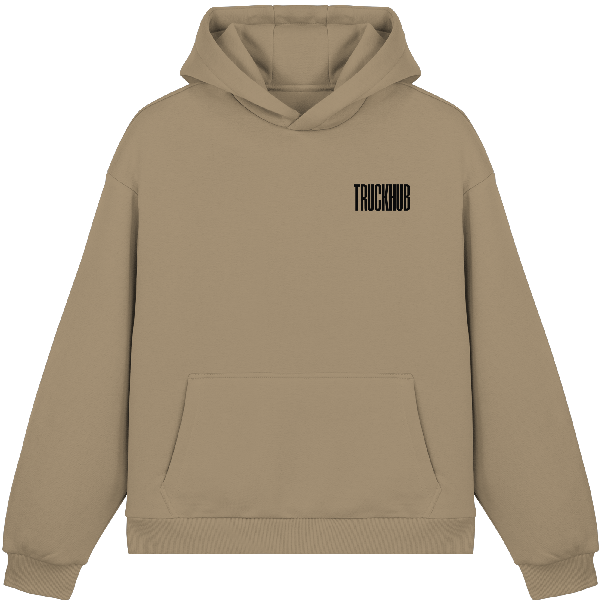 TruckHub Europe Classics Hoodie – beigefarbener Kapuzenpullover mit schwarzem Logo-Backprint, Streetwear für Trucker und Fans der europäischen Truck-Kultur