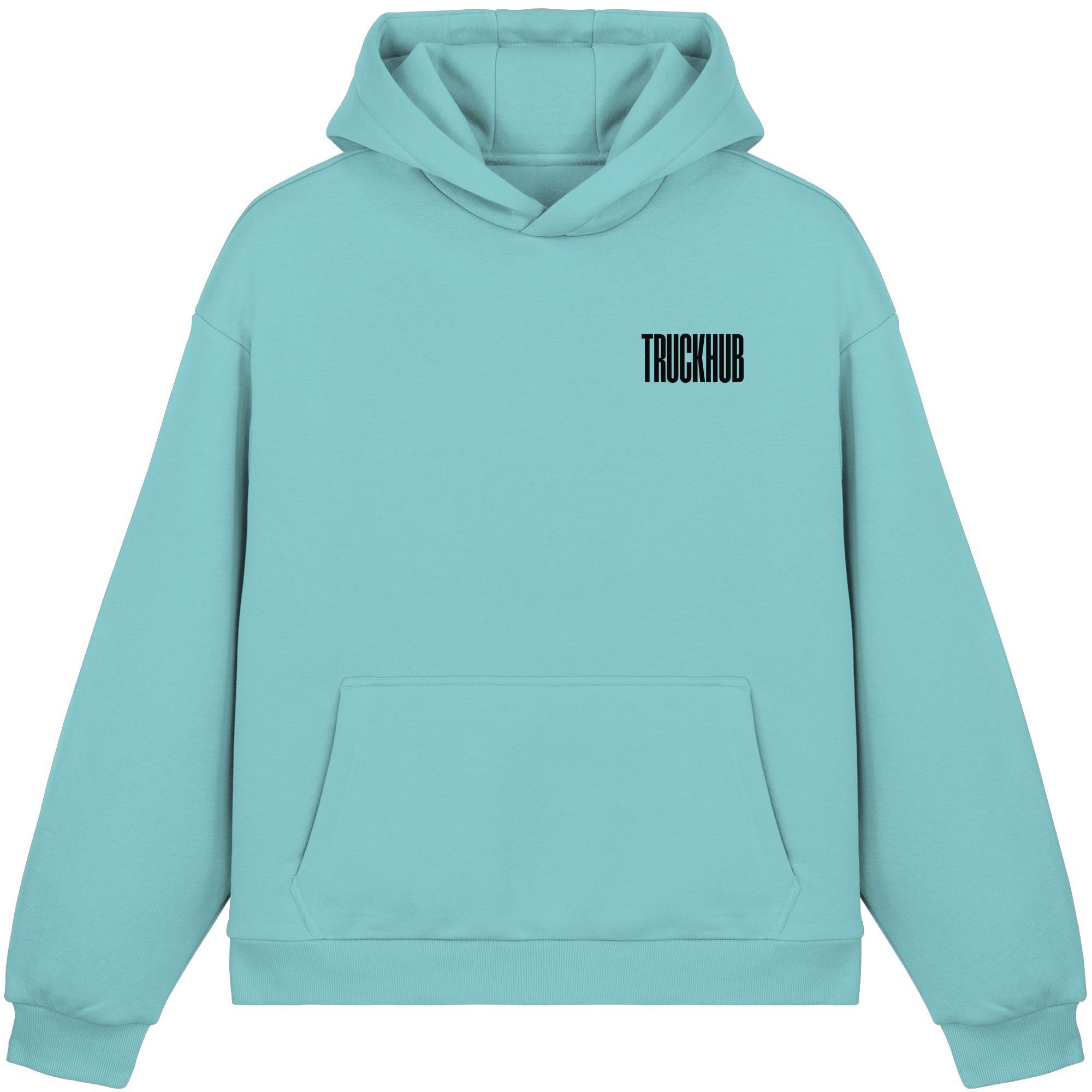 TruckHub Europe Classics Hoodie – hellblauer Kapuzenpullover mit schwarzem Logo-Backprint, Streetwear für Trucker und Fans der europäischen Truck-Kultur