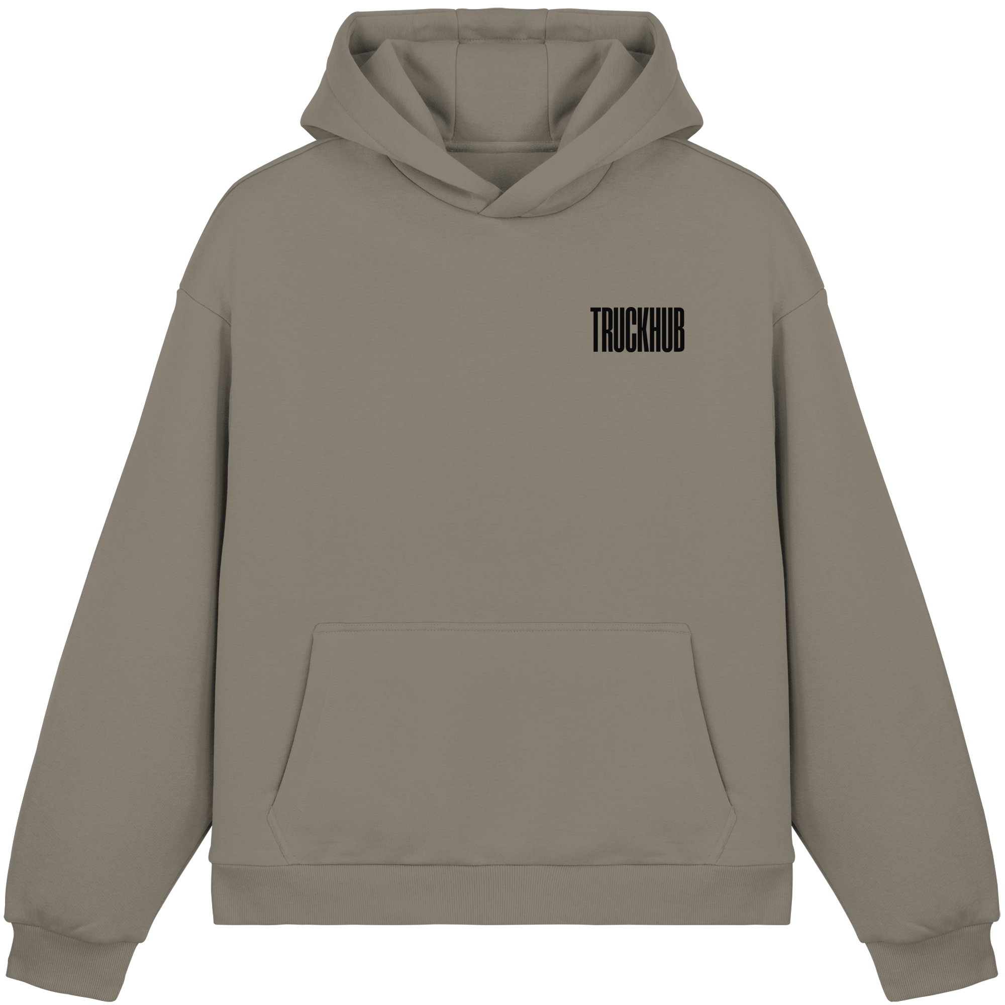 TruckHub Europe Classics Hoodie – olivgrüner Kapuzenpullover mit schwarzem Logo-Backprint, Streetwear für Trucker und Fans der europäischen Truck-Kultur