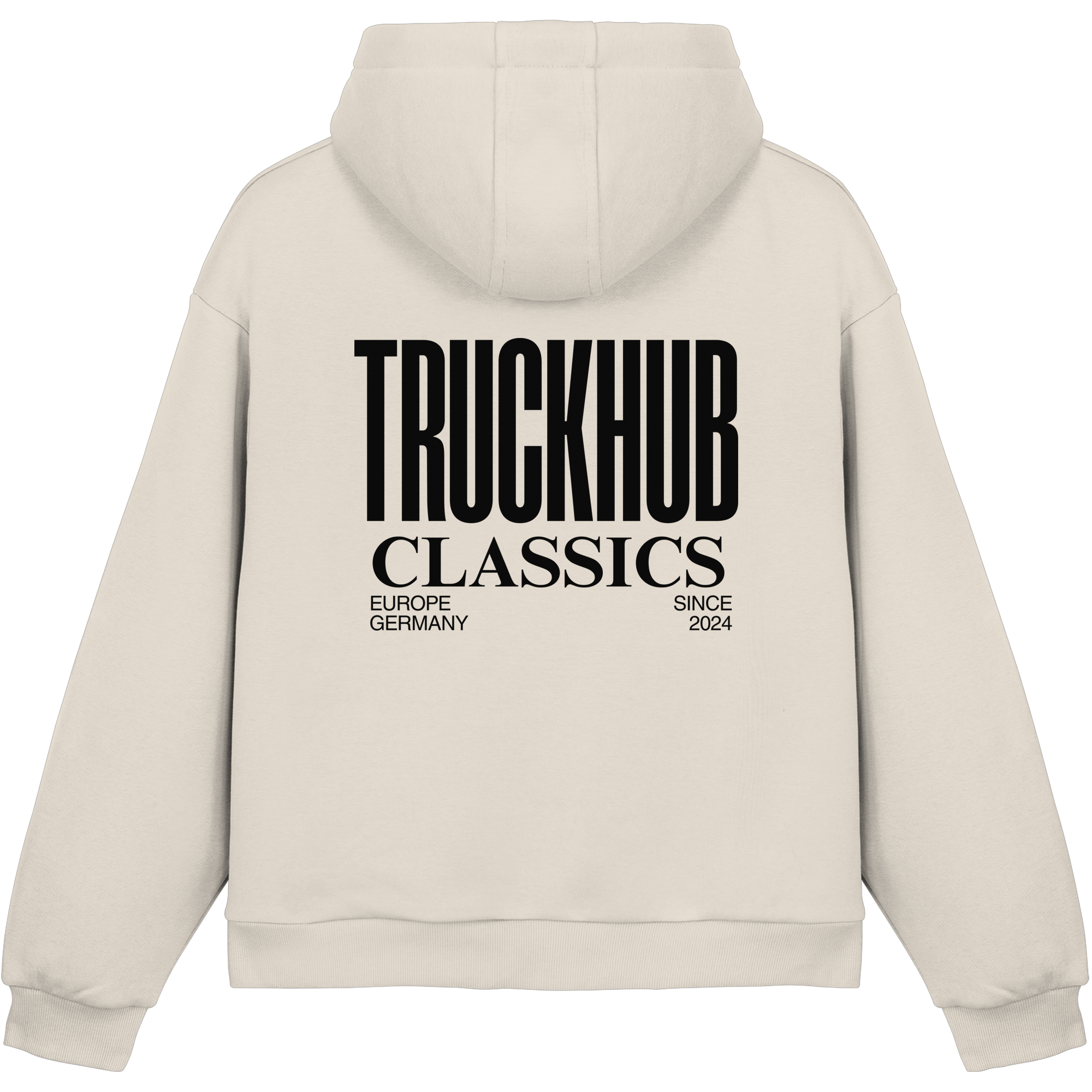 TruckHub Europe Classics Hoodie – sandfarbener Kapuzenpullover mit schwarzem Logo-Backprint, Streetwear für Trucker und Fans der europäischen Truck-Kultur