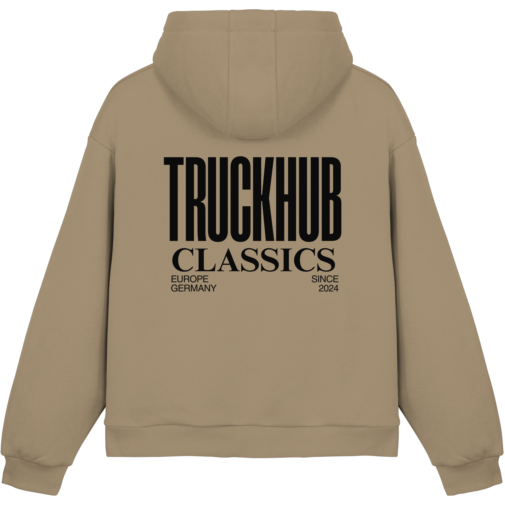 TruckHub Europe Classics Hoodie – beigefarbener Kapuzenpullover mit schwarzem Logo-Backprint, Streetwear für Trucker und Fans der europäischen Truck-Kultur