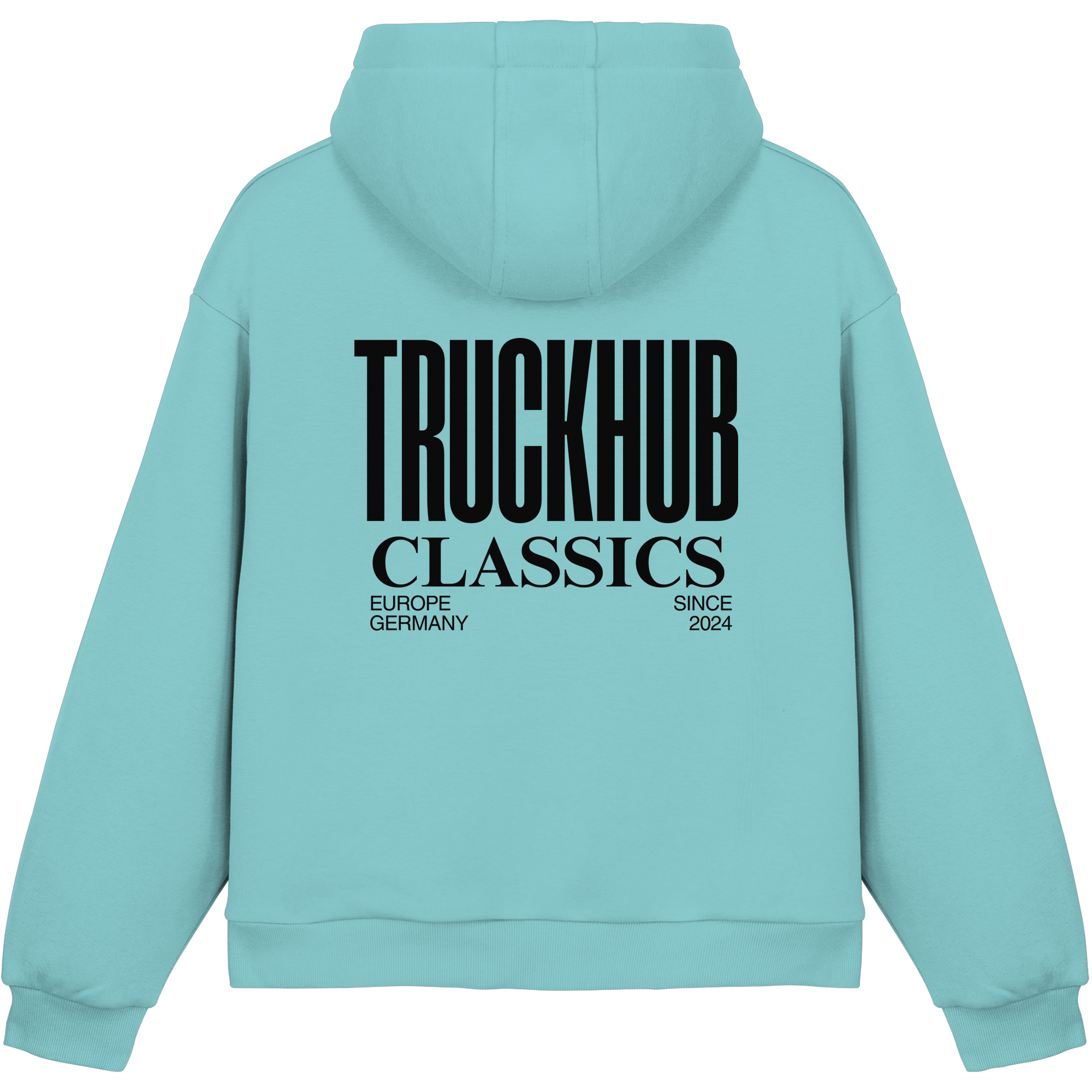 TruckHub Europe Classics Hoodie – hellblauer Kapuzenpullover mit schwarzem Logo-Backprint, Streetwear für Trucker und Fans der europäischen Truck-Kultur