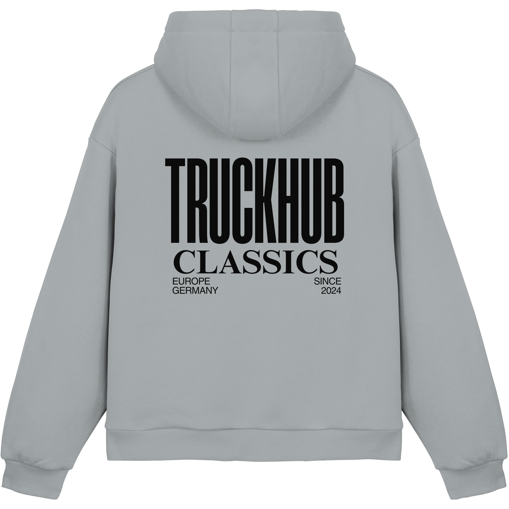 TruckHub Europe Classics Hoodie – grauer Kapuzenpullover (Light Asphalt) mit schwarzem Logo-Backprint, Streetwear für Trucker und Fans der europäischen