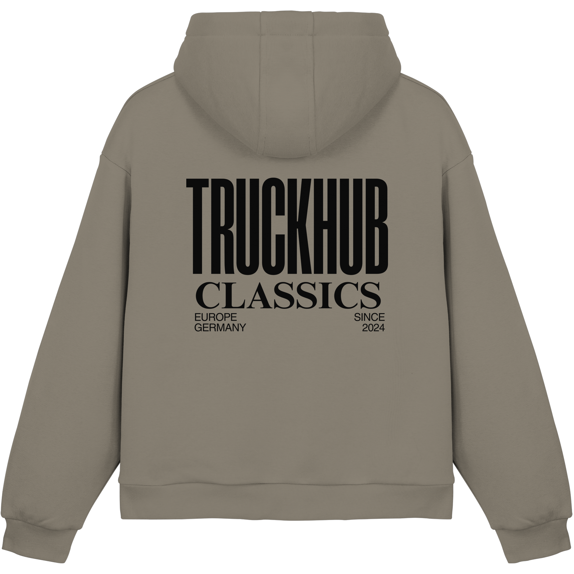 TruckHub Europe Classics Hoodie – olivgrüner Kapuzenpullover mit schwarzem Logo-Backprint, Streetwear für Trucker und Fans der europäischen Truck-Kultur