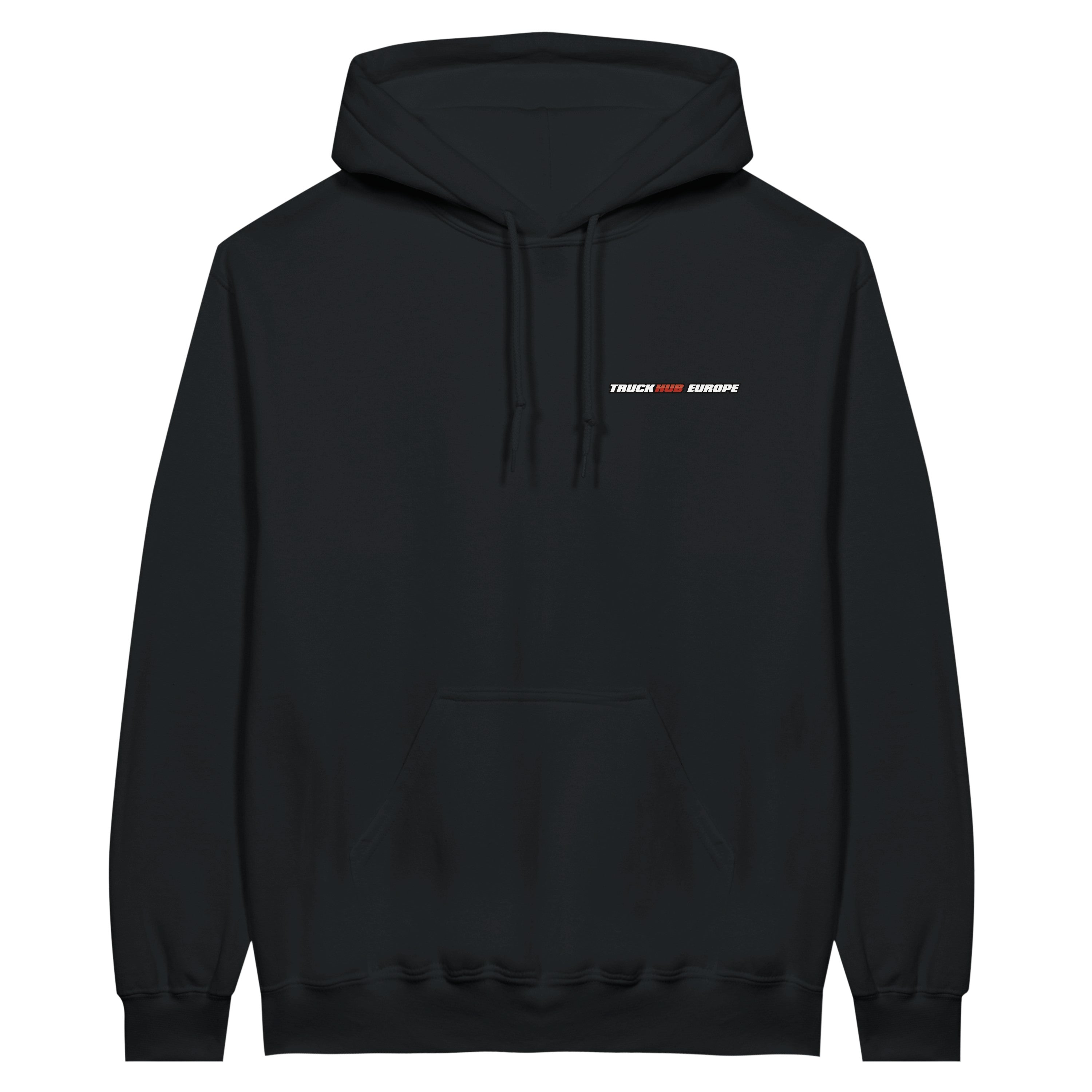 TruckHub Europe Hoodie – schwarzer Kapuzenpullover mit DAF LKW-Illustration und Spruch „You get what you work for. Not what you wish for.“, Streetwear für Trucker