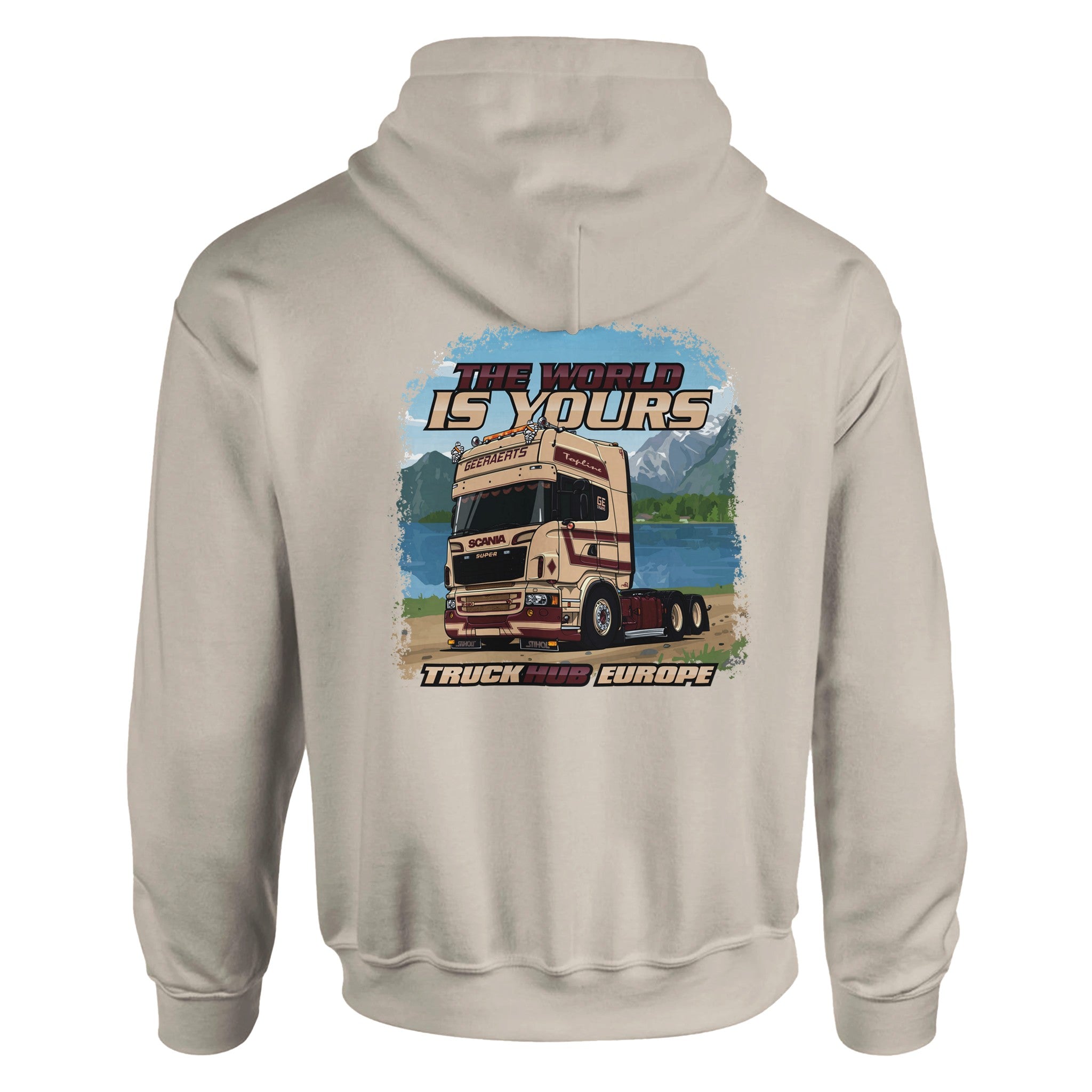 TruckHub Europe Hoodie – beiger Kapuzenpullover mit Scania LKW-Illustration, „The World is Yours“-Backprint und TruckHub Europe Schriftzug, Streetwear für Trucker